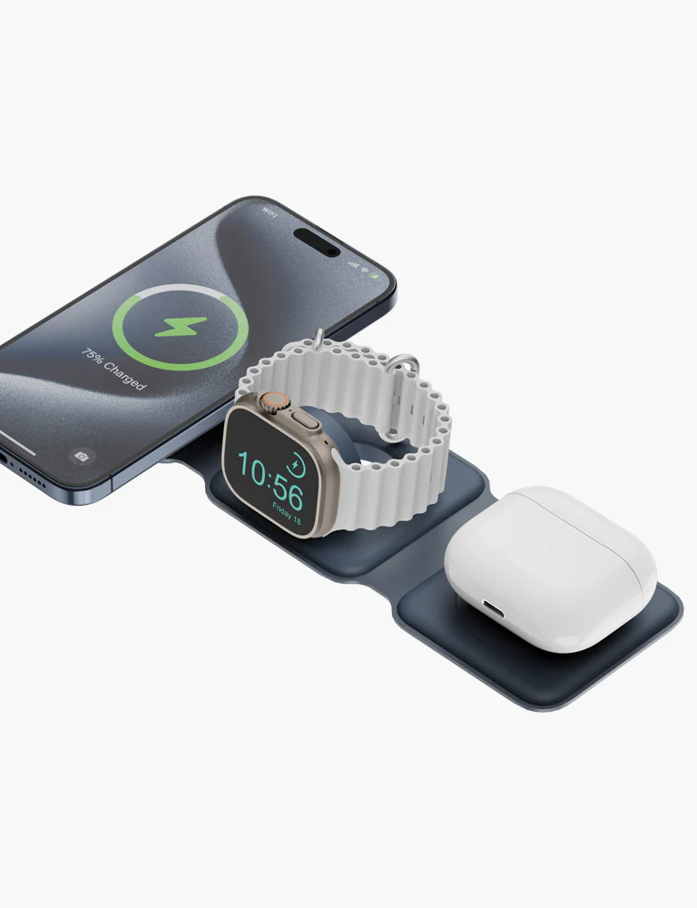 Energea Bazic GoMag Trio Plus | 3 in 1 Elevated Foldable Magnetic Wireless Charger 15W - Grey