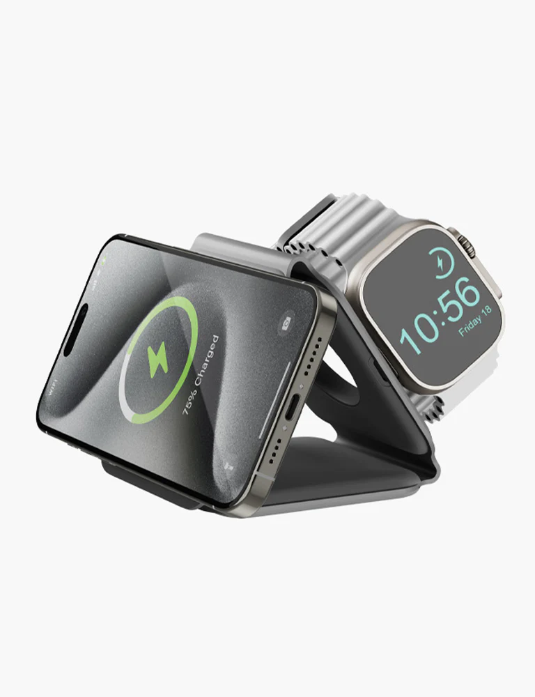 Energea Bazic GoMag Trio Plus | 3 in 1 Elevated Foldable Magnetic Wireless Charger 15W - Grey