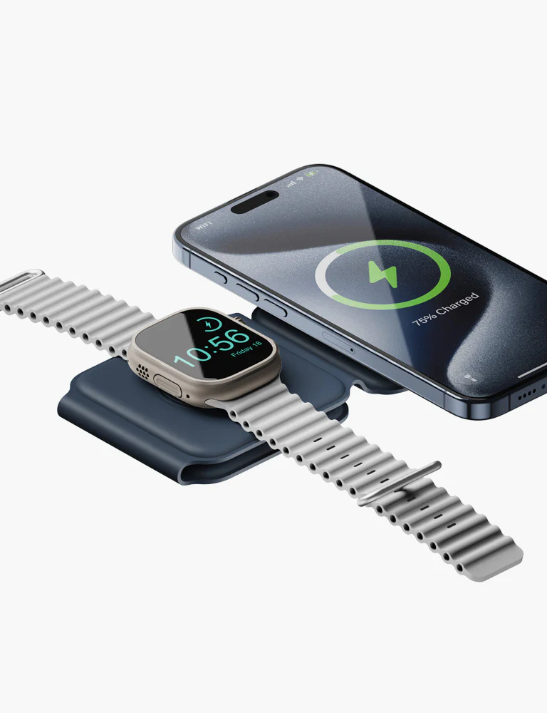Energea Bazic GoMag Trio Plus | 3 in 1 Elevated Foldable Magnetic Wireless Charger 15W - Grey