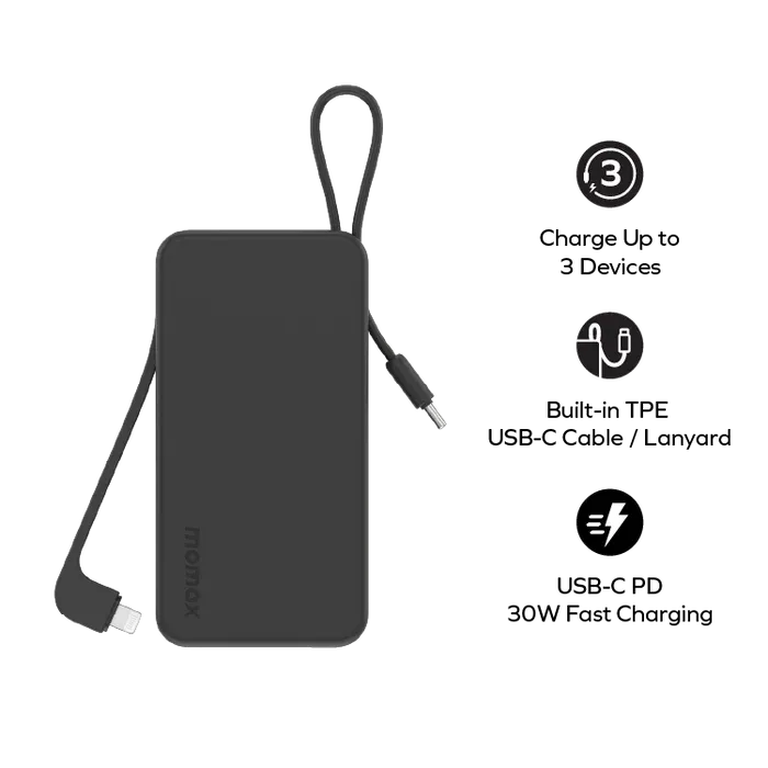 Momax 1-Power Vital+ | 10000mAh Battery Pack w/ Built-in USB-C & Lightning