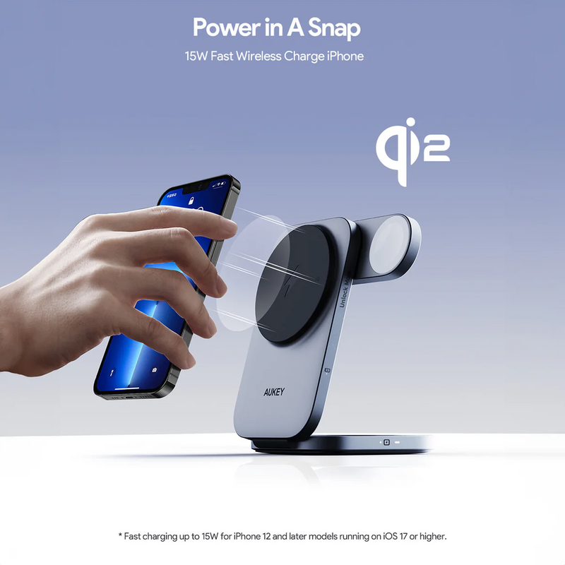 Aukey LC-MC312 MagFusion Z Qi2 MFW 3-in-1 15W Foldable Magnetic Fast Wireless Charging Station