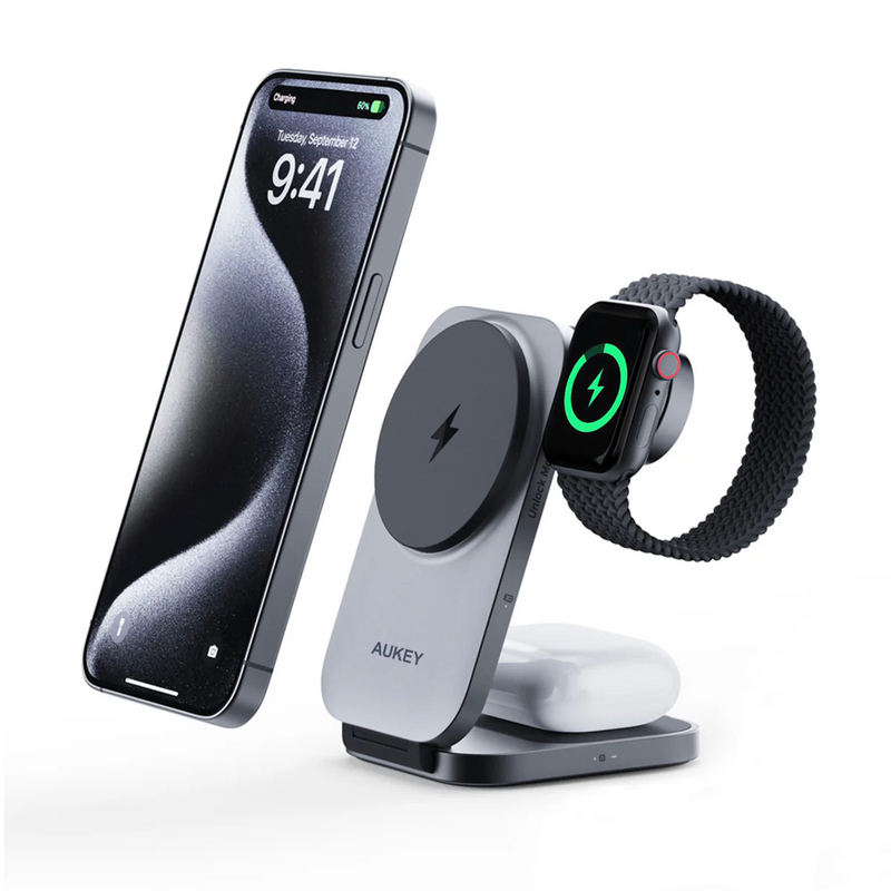 Aukey LC-MC312 MagFusion Z Qi2 MFW 3-in-1 15W Foldable Magnetic Fast Wireless Charging Station