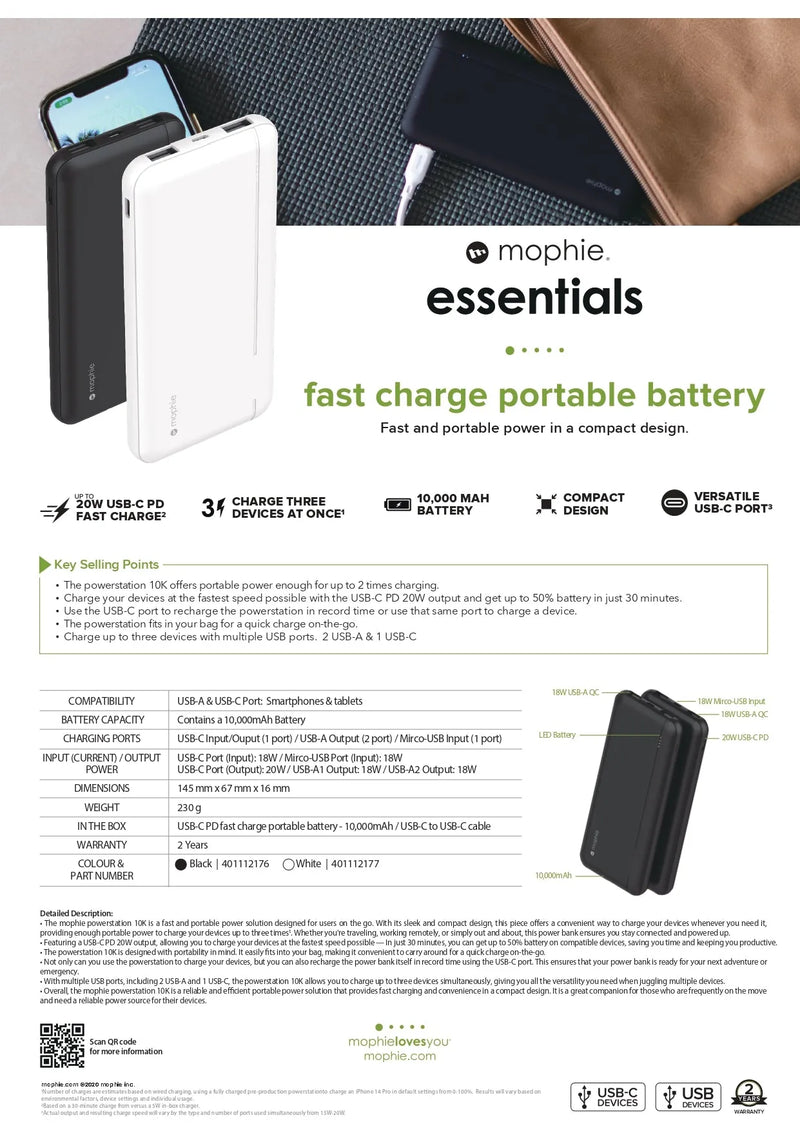 Mophie Essential Powerbank 10,000 mAh, PD 20W, 2A1C