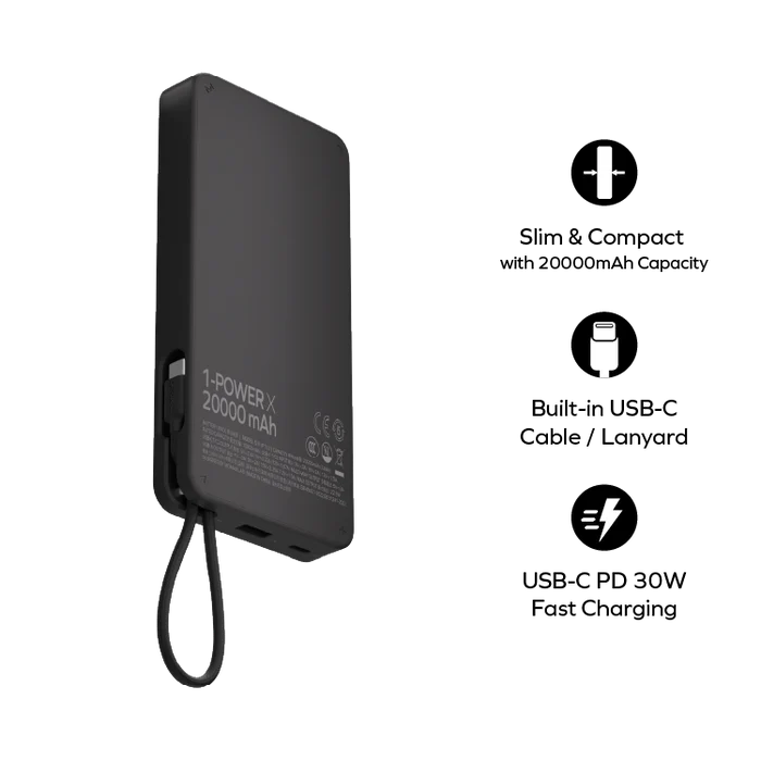 Momax 1-Power X1 | Battery Pack 20000mAh with Built-in USB-C Cable - Black