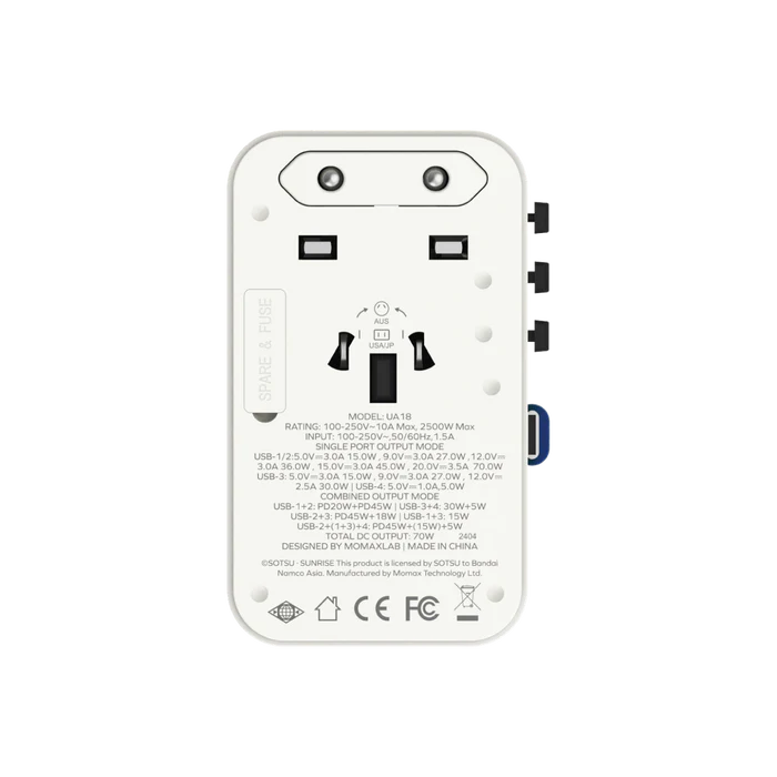 Momax x Gundam 1-World+ | 3-Port Travel GaN Charger With Built-in USB-C Cable 70W - Limited Edition