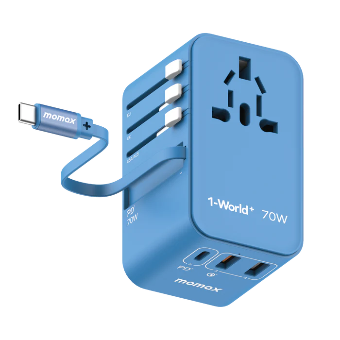 Momax 1-World+ | GaN Charger With Built-in USB-C Cable 70W + AC Travel Adapter