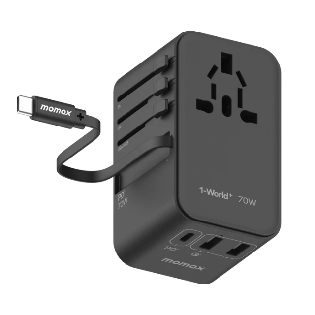 Momax 1-World+ | GaN Charger With Built-in USB-C Cable 70W + AC Travel Adapter