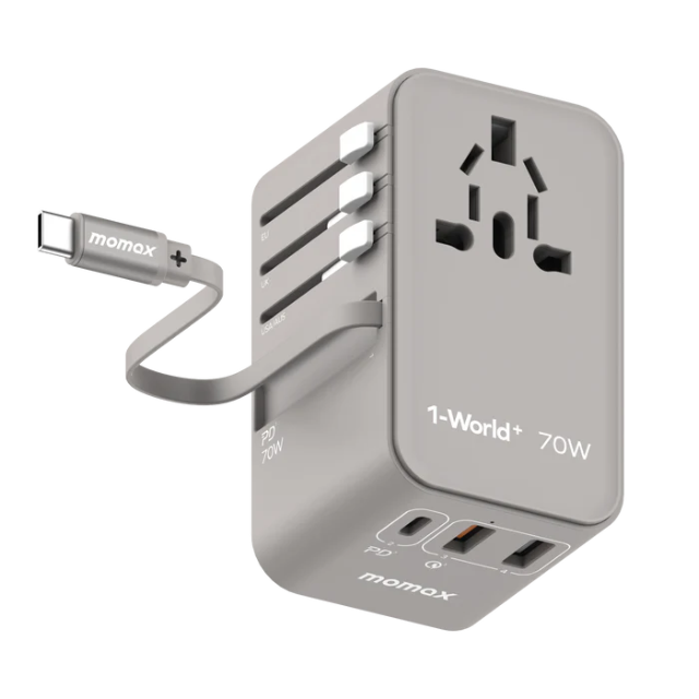 Momax 1-World+ | GaN Charger With Built-in USB-C Cable 70W + AC Travel Adapter