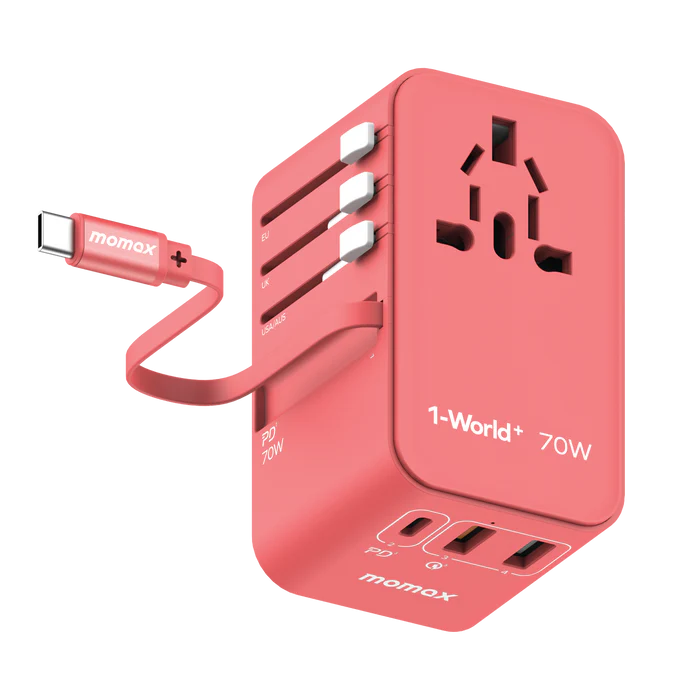 Momax 1-World+ | GaN Charger With Built-in USB-C Cable 70W + AC Travel Adapter