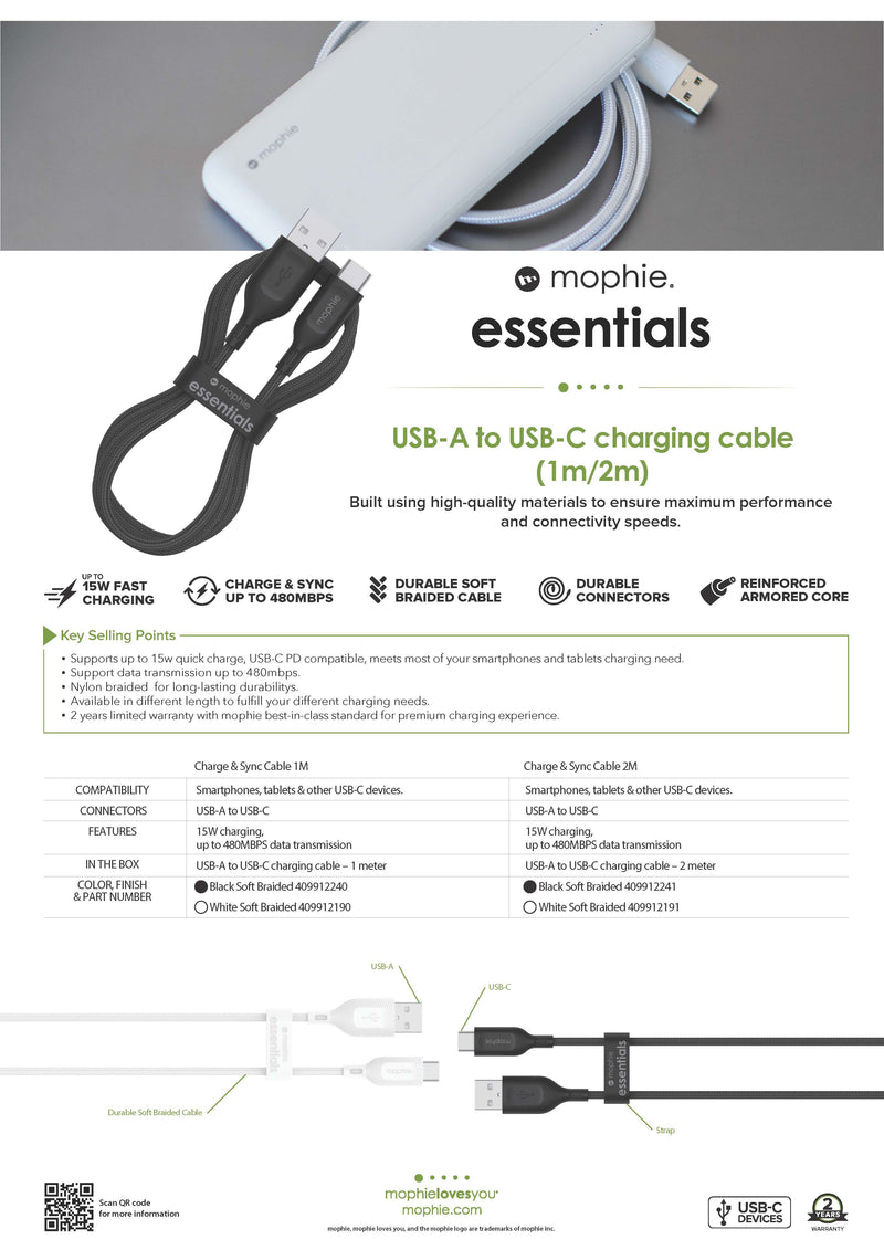 Mophie Essential USB-A to C Braided 15W Cable