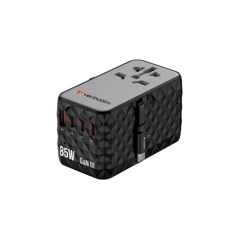 Verbatim Charge n Travel | 85W Diamond GaN Charger w/ Retractable Cable - Black