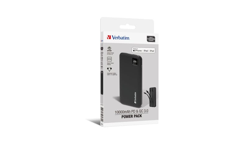 Verbatim Power Pack | 10000mAh Powerbank w/ Built-In Cables & Digital Display - Black