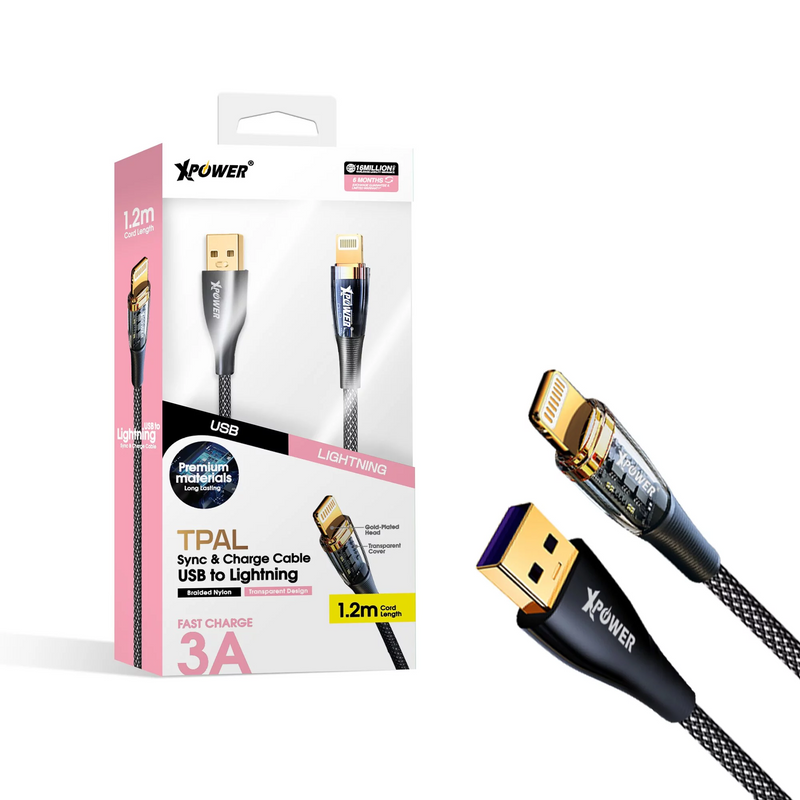 XPower Transparent USB-A to Lightning 1.2m Cable TPAL - Black