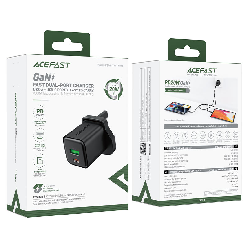 ACEFAST Fast Charge Wall Charger A126 PD20W GaN (1xUSB-A+1xUSB-C) UK