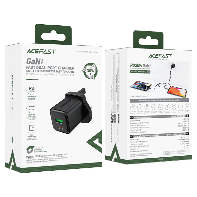 ACEFAST Fast Charge Wall Charger A127 PD30W GaN (1xUSB-A+1xUSB-C) UK