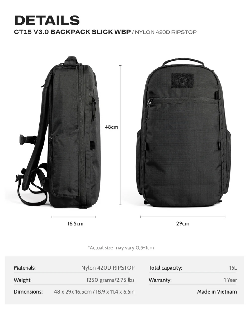 Ctactical CT15 V3.0 Backpack - Slick - Nylon 420D RIPSTOP WBP