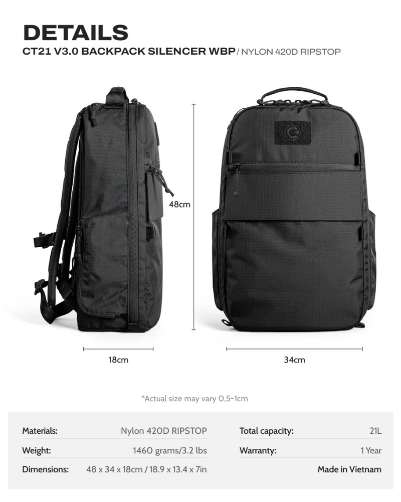 Ctactical CT21 V3.0 Backpack - The Silencer - Nylon 420D RIPSTOP WBP