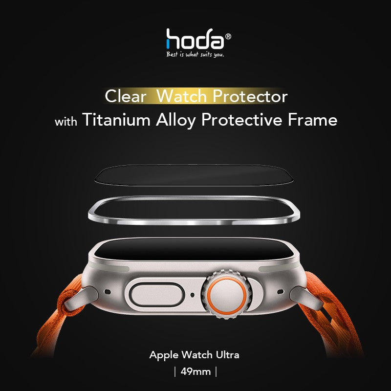 Hoda Clear Tempered Glass Watch Protector-Titanium Alloy Frame for Apple Watch 49mm - Matte Silver