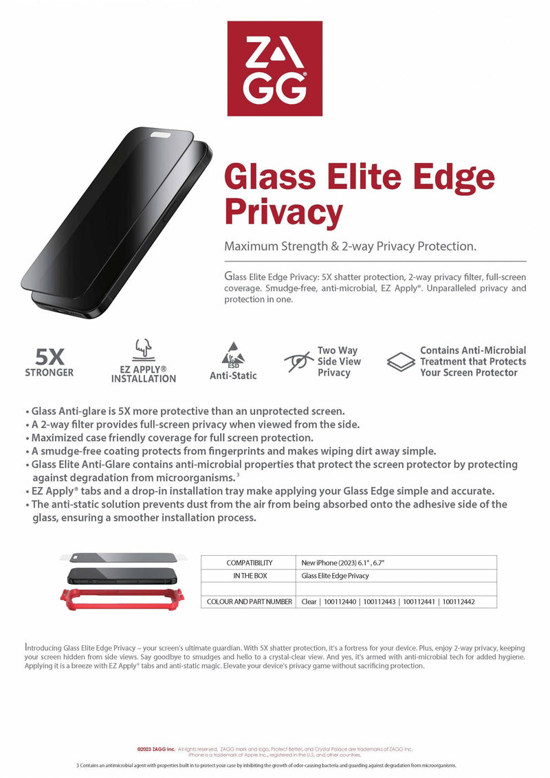 ZAGG Glass Elite Edge Privacy Tempered Glass For IPhone 15 series - Black - Oribags