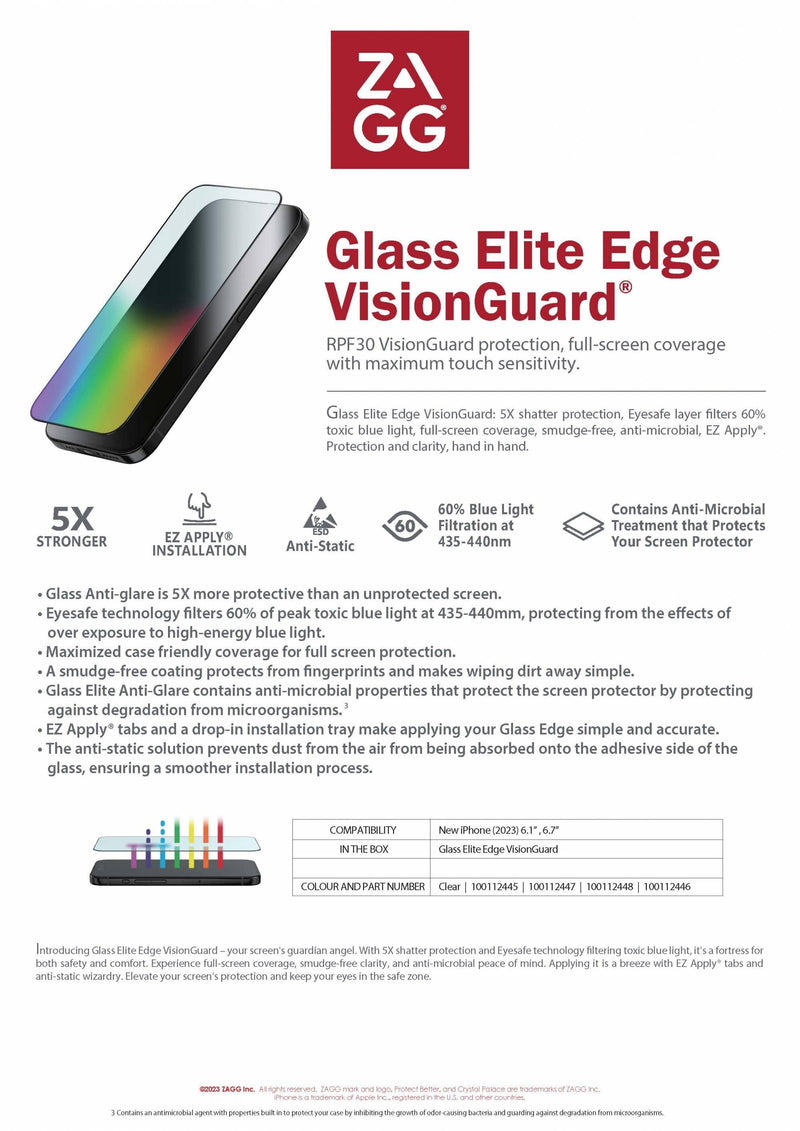 ZAGG Glass Elite Edge RPF30 VisionGuard AM Tempered Glass For IPhone 15 series - Clear - Oribags