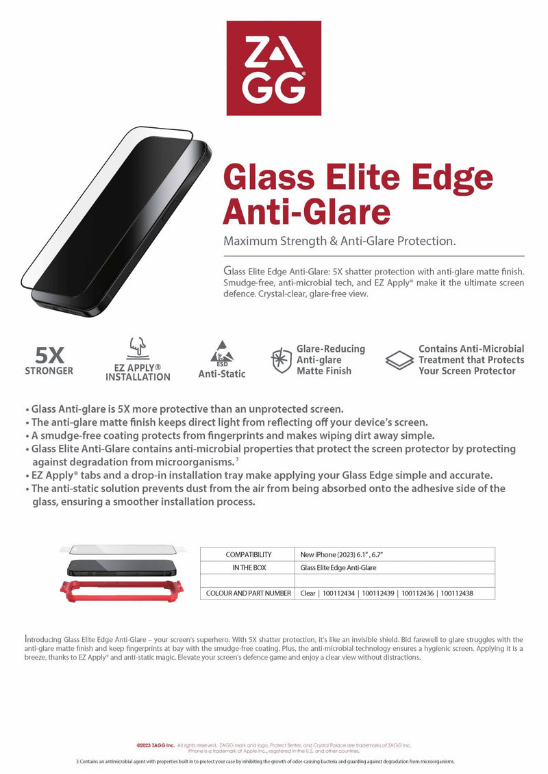 ZAGG Glass Plus Edge Anti-Glare Tempered Glass For IPhone 15 series - Clear - Oribags