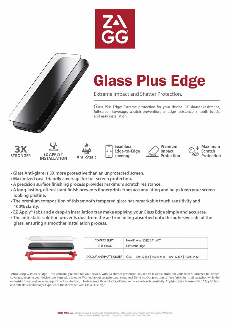 ZAGG Glass Plus Edge Tempered Glass For IPhone 15 series - Clear - Oribags