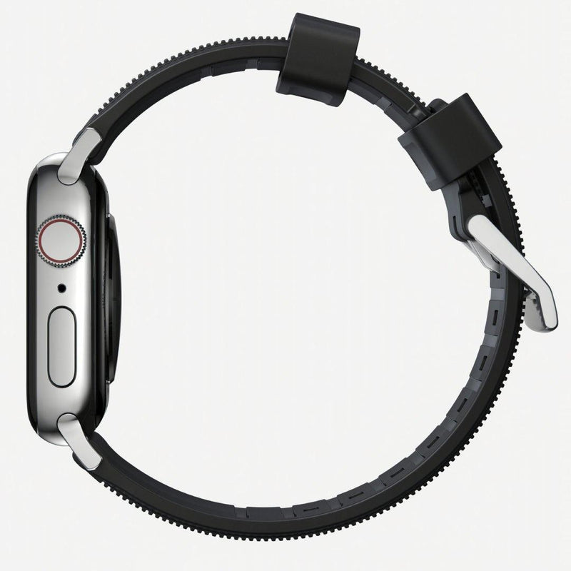 Nomad Rugged Strap for All Apple Watch Series ( 44mm / 42 mm) - Black Strap + Silver Hardware - Oribags.com