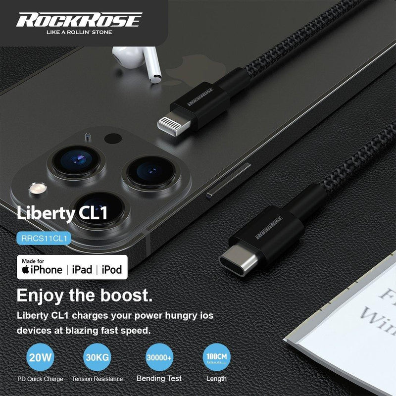 Rockrose Liberty CL1 20W PD Quick Charge 1m Type-C to Lightning Cable - Black - Oribags.com