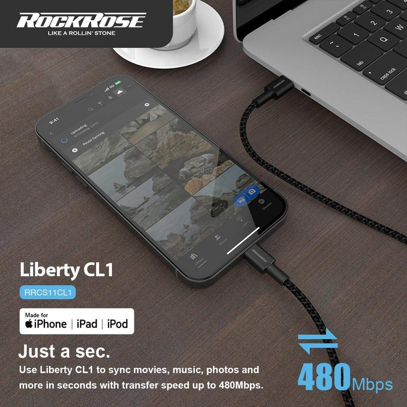 Rockrose Liberty CL1 20W PD Quick Charge 1m Type-C to Lightning Cable - Black - Oribags.com