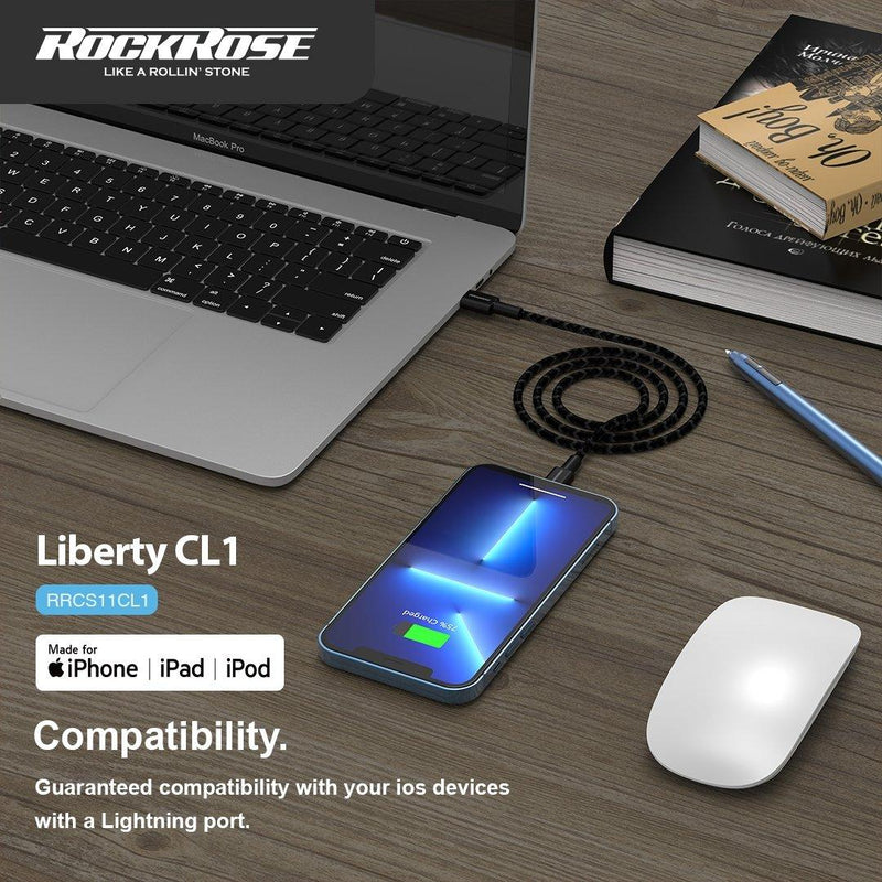 Rockrose Liberty CL1 20W PD Quick Charge 1m Type-C to Lightning Cable - Black - Oribags.com