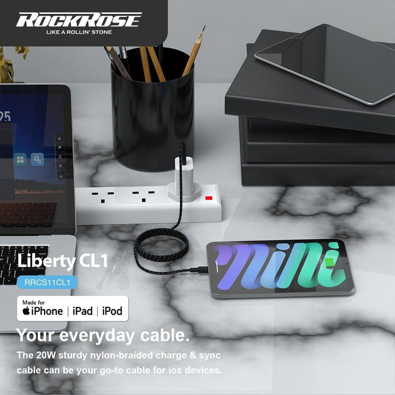 Rockrose Liberty CL1 20W PD Quick Charge 1m Type-C to Lightning Cable - Black - Oribags.com