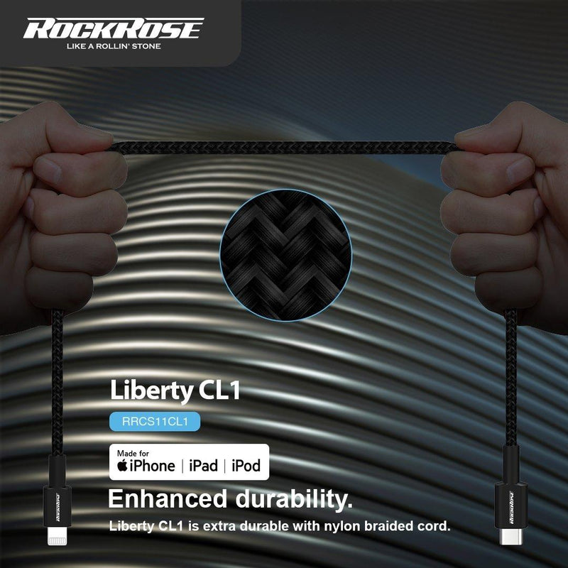 Rockrose Liberty CL1 20W PD Quick Charge 1m Type-C to Lightning Cable - Black - Oribags.com