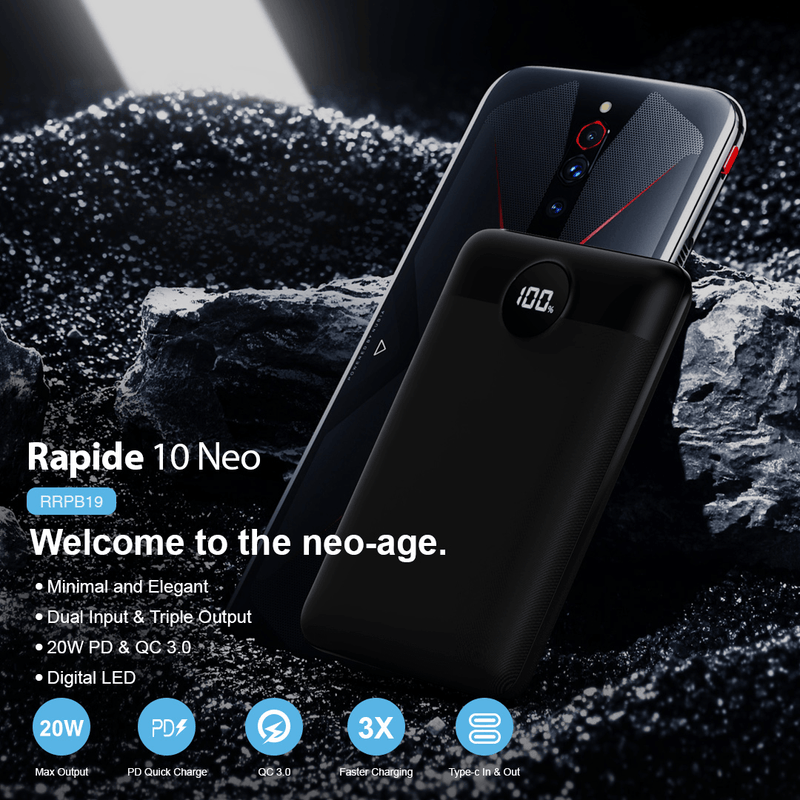 Rockrose Rapide 10 Neo 10000mAh 22.5W Max PD+QC 3.0 Powerbank Black - Oribags